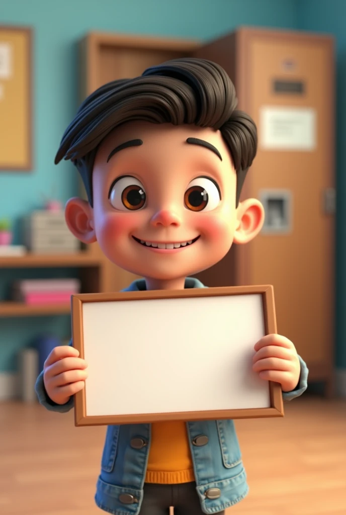 I want a half body of a 3D animated boy holding a blank rectangle but not full body with a nice background of a school or school stuff To use as a background for a name tag with spaces to put letters