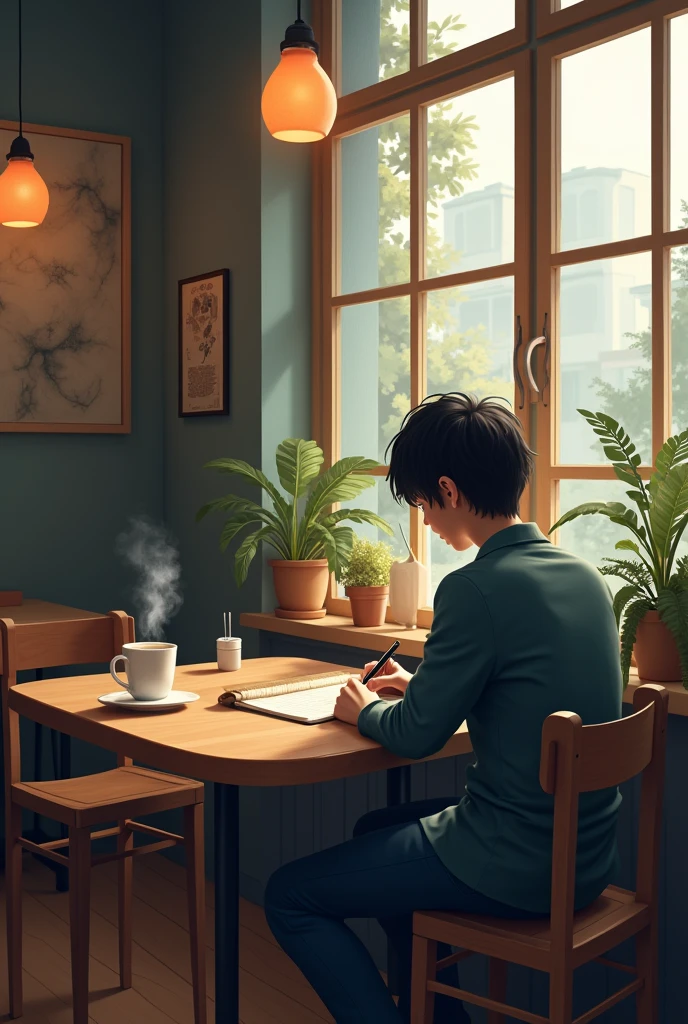 A serene café scene with a person taking notes while sipping coffee, lo-fi music playing softly in the background, style of iDea24club --ar 16:9 --q 2