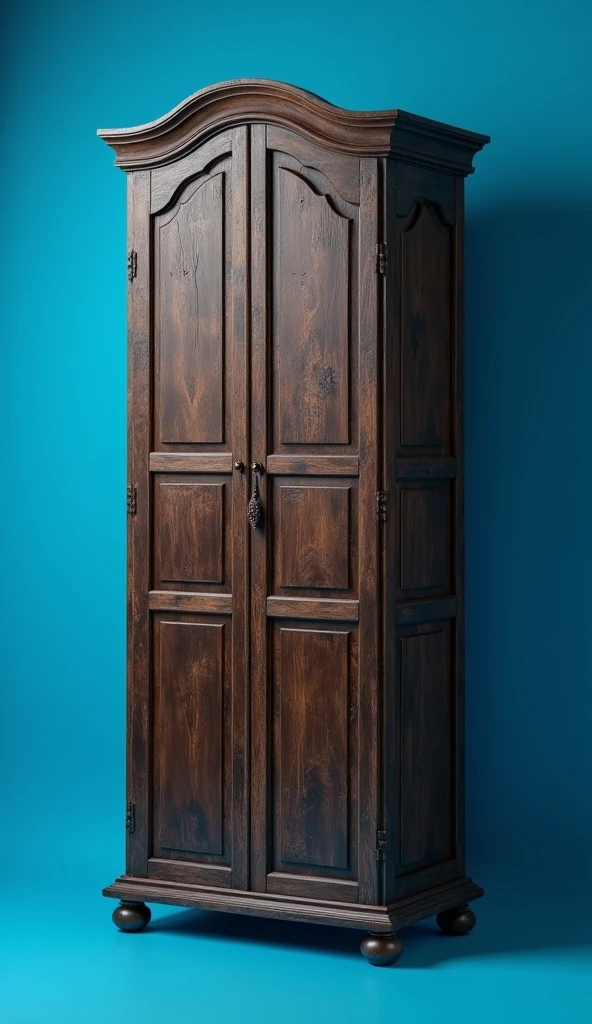 make a realistic picture, still life of a cupboard, dark brown, blue background, bird eye side view, full body, 8k super realistic