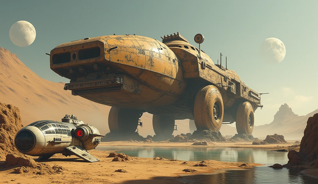 巨大な古代Sandcrawler, Detailed crashed spaceship, Detailed spaceship, movie「Dune」Sandcrawler, Derelict spacecraft, flying scifi vehicle, レトロなSF Spaceship, Very detailed, Ancient crashed spaceship, SF Spaceship, Fallout Airplane Concept Art, Ancient spaceships、lake、Two moons、Heavily armed