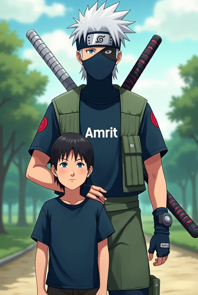 Kakashi wear a t shirt and t shirt name is Amrit and take a sword  with a boy