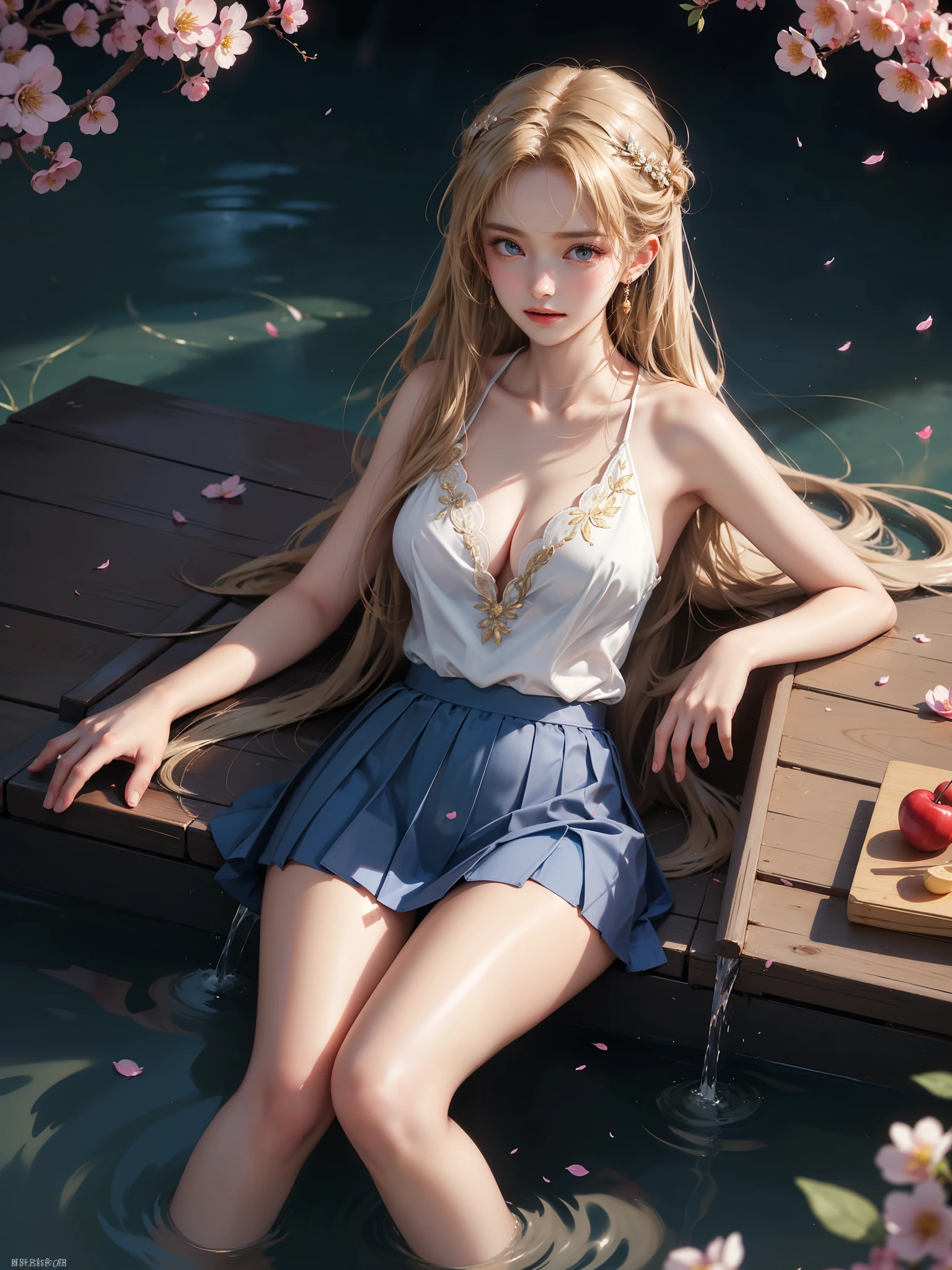 HaruCheerUniform, blue skirt((Girl lying in the pool))、She gently lifted her skirt with one hand,Make gentle and playful gestures,Lots of flowers,Lots of scattered petals,Cherry tree,Sketchpads flying all over the sky,A beautiful and charming woman, Elegantly, Her plump breasts are on display.,Visible cleavage,Sexy long legs,Various slim and lovely beauties, Her long hair cascades down like a waterfall。She smiled brightly,Eyes sparkling,Her skin is flawless。Her curves are highlighted。Shine in the light,The color is pastel,She lay confidently,One hand on hip,Her posture is both graceful and strong.。She wore elegant high heels,It matches her outfit very well。In the warm golden sun。The overall mood of the picture is tranquil and uplifting,Emphasis on natural beauty and elegance, Studio Lighting,Vibrant colors, Cute girl, sweet smile, cosmetic,Shy,blush,Open your mouth,Heavy breathing,moan,超realism,realism,Movie Lighting,comfort,Sony FE GM,Retina,masterpiece,precise,Anatomically correct,Textured Skin,Super Detail,High Detail,best quality,Colorful