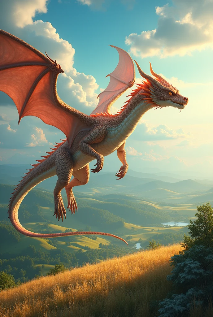 

"A majestic dragon soars through the crystal-clear sky, its scales glinting like diamonds in the warm sunlight. The rolling hills below are a tapestry of emerald green forests, golden wheat fields, and sparkling sapphire lakes. The dragon's wings beat powerful and slow, leaving a trail of glittering stardust in its wake. As it banks and turns, the wind whispers secrets in its ear, and the dragon's fiery breath paints a rainbow across the clouds. The landscape stretches out before it like a breathtaking canvas, a symphony of color and light that echoes the dragon's wild and free spirit."