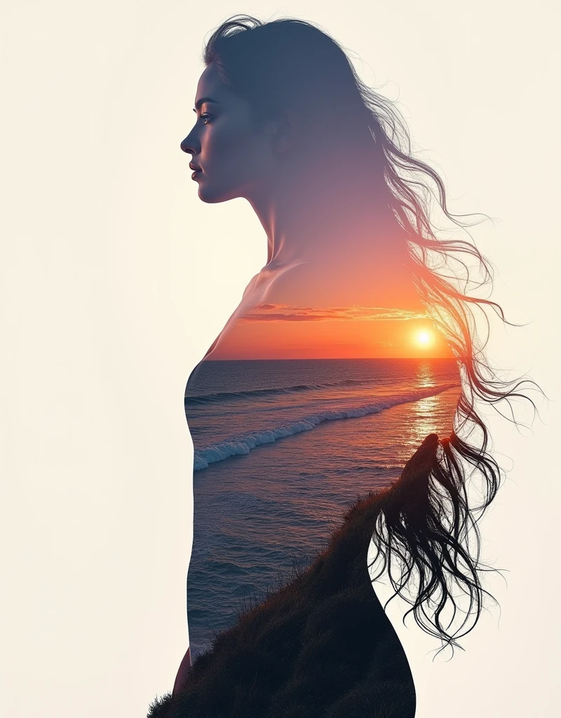 high quality, 8K Ultra HD, A beautiful double exposure that combines an goddess silhouette with sunset coast, sunset coast should serve as the underlying backdrop, with its details incorporated into the goddess , crisp lines, The background is monochrome, sharp focus, double exposure, by yukisakura, awesome full color,
