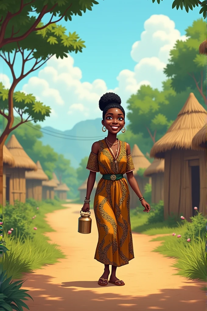 "A fair-skinned African lady is walking alone on a road in a typical African setting. She’s holding a food flask in her hand and smiling. The scene reflects an African environment with traditional elements around her."