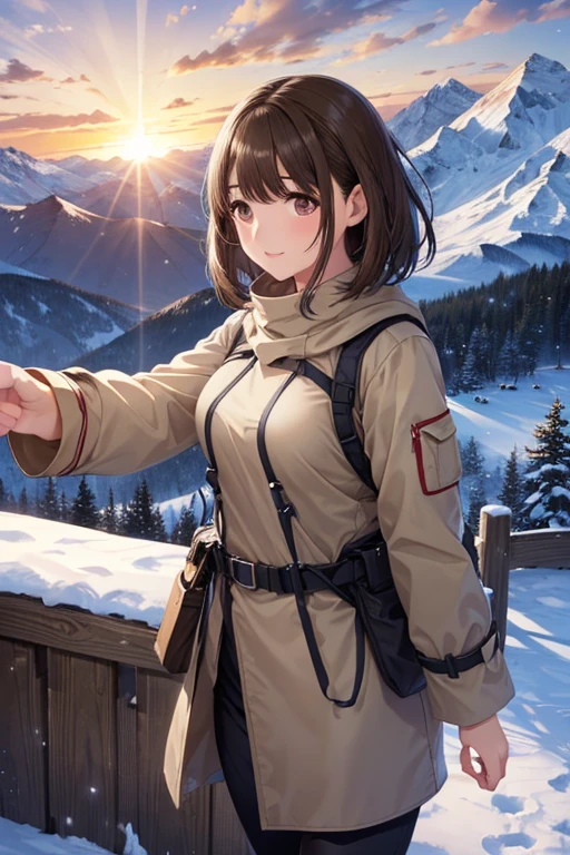 anegasaki nene、Shiny brown hair, short hair, (Beautiful brown eyes、Sparkling eyes, Fine grain)、smile、Ultra-detailed eyes、Very detailed顔, Very detailed目,Cowboy Shot、
nsfw、
(Highest quality,4K,8k,High resolution,masterpiece:1.2),Very detailed,Majestic mountain slope at sunset,
The graceful figure of a girl climbing a hill, ((Winter outdoor climber style clothing)), A person reaching out to the sunlight shining down from the mountaintop, Beautiful landscape decorated with earthy colors, A hopeful view, Evoke affective emotions in the viewer, Highlight the scenery、Minimize portrait size