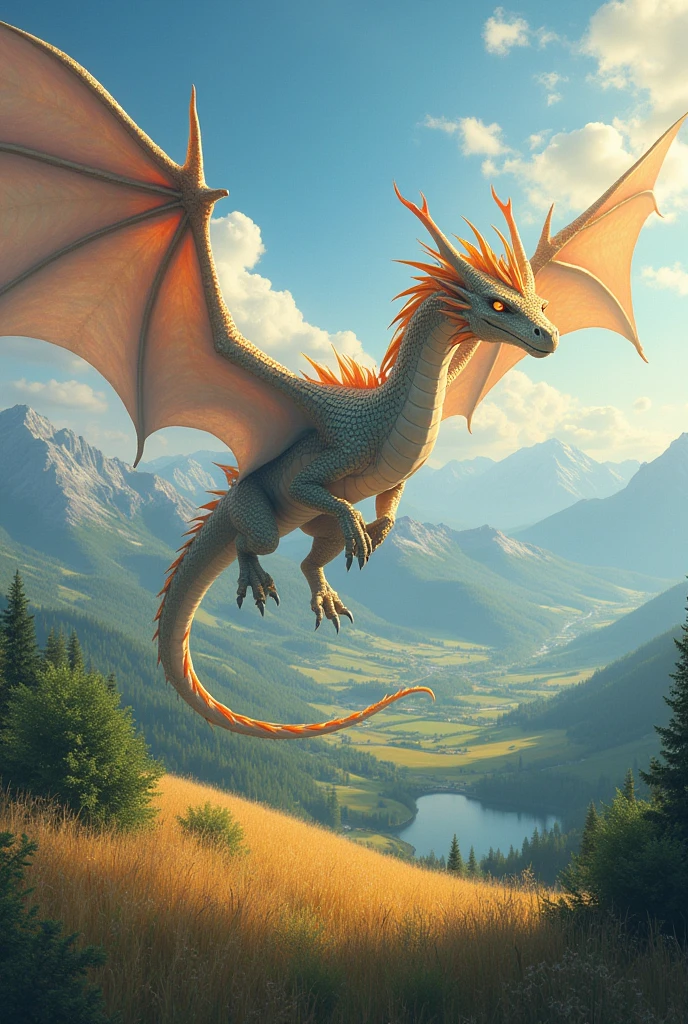 

"A majestic dragon soars through the crystal-clear sky, its scales glinting like diamonds in the warm sunlight. The rolling hills below are a tapestry of emerald green forests, golden wheat fields, and sparkling sapphire lakes. The dragon's wings beat powerful and slow, leaving a trail of glittering stardust in its wake. As it banks and turns, the wind whispers secrets in its ear, and the dragon's fiery breath paints a rainbow across the clouds. The landscape stretches out before it like a breathtaking canvas, a symphony of color and light that echoes the dragon's wild and free spirit."