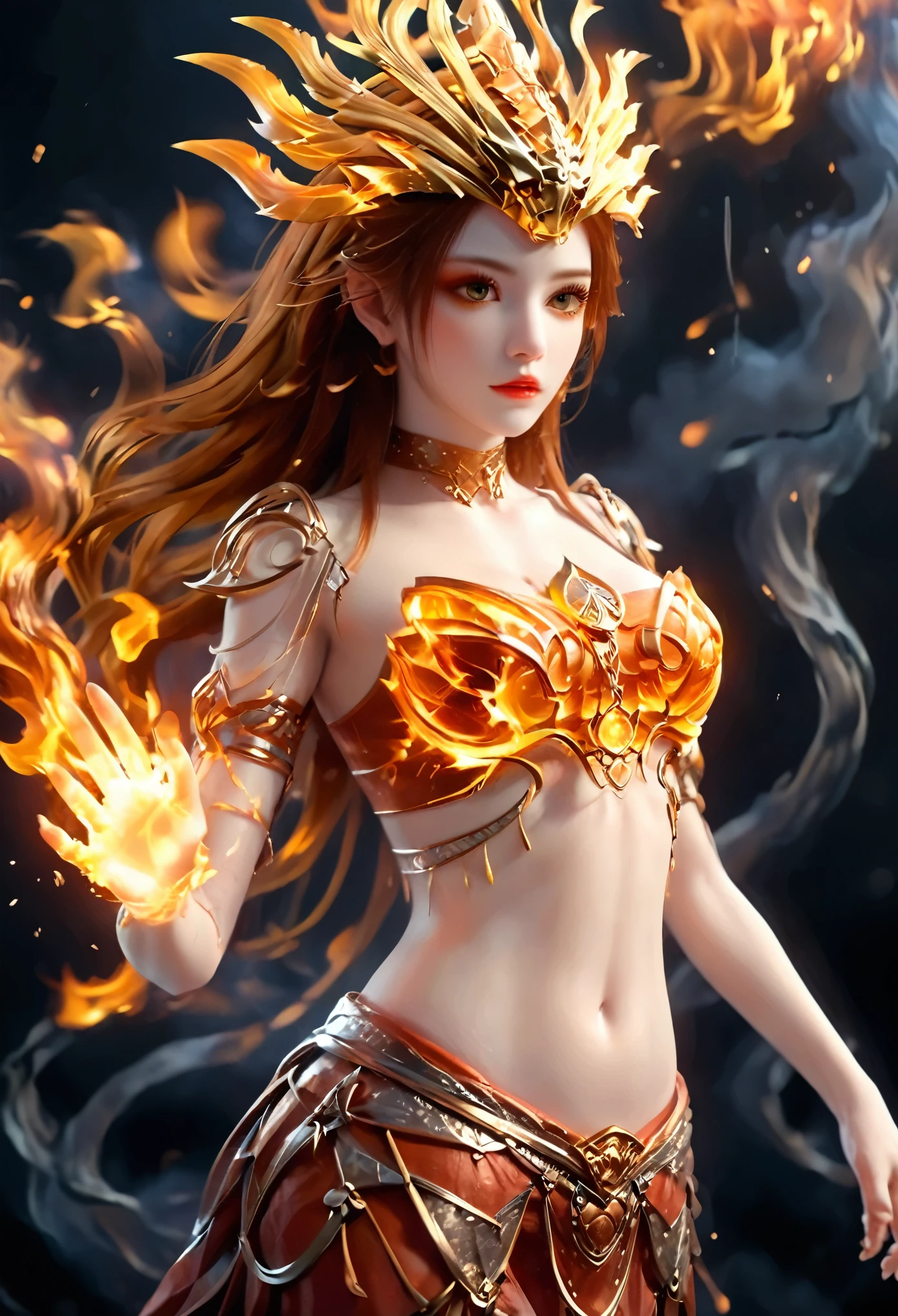 (theelementoffire:1.1),Composed of fire elements,(1 busty girl:1.2),catching fire,transparency,Fiery,(Molten rock),Flame skin,Flame print,fiery hair,smokes,cloud,LOP,,a girl wrapped in flames, Flames rise and sparkle,burning hands,Translucent glow,