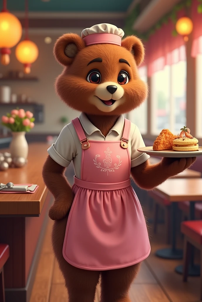 female Furry Brown Bear, Pink Apron, Waiter Attire, Serving Tray, Culinary Humor, Unconventional Server, Playful, Surprising, Hospitality, Smiling Face, Friendly Demeanor, Restaurant Setting, Food Service, Anthropomorphic, Cartoonish, Creative Imagination, Colorful Contrast, Whimsical, Family-Friendly, highres,ultra detailed,best quality,masterpiece