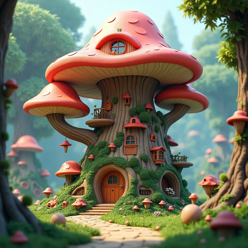 A breathtaking conceptual art piece featuring a vibrant, large, multi-room mushroom-shaped treehouse set in a mesmerizing enchanted forest. The treehouse has multiple floors and colorful, waving roofs. The playful typography reads "BIGURILHAS" in small cursive at the bottom, with the name "Willie" written in an equally playful font above. The 3D render showcases the intricate details of the treehouse, including its windows, doors, and paths. The overall atmosphere is bright and inviting, with a touch of whimsy, making it an enchanting escape for any child at heart., 3d render, conceptual art, typography, vibrant, photo.