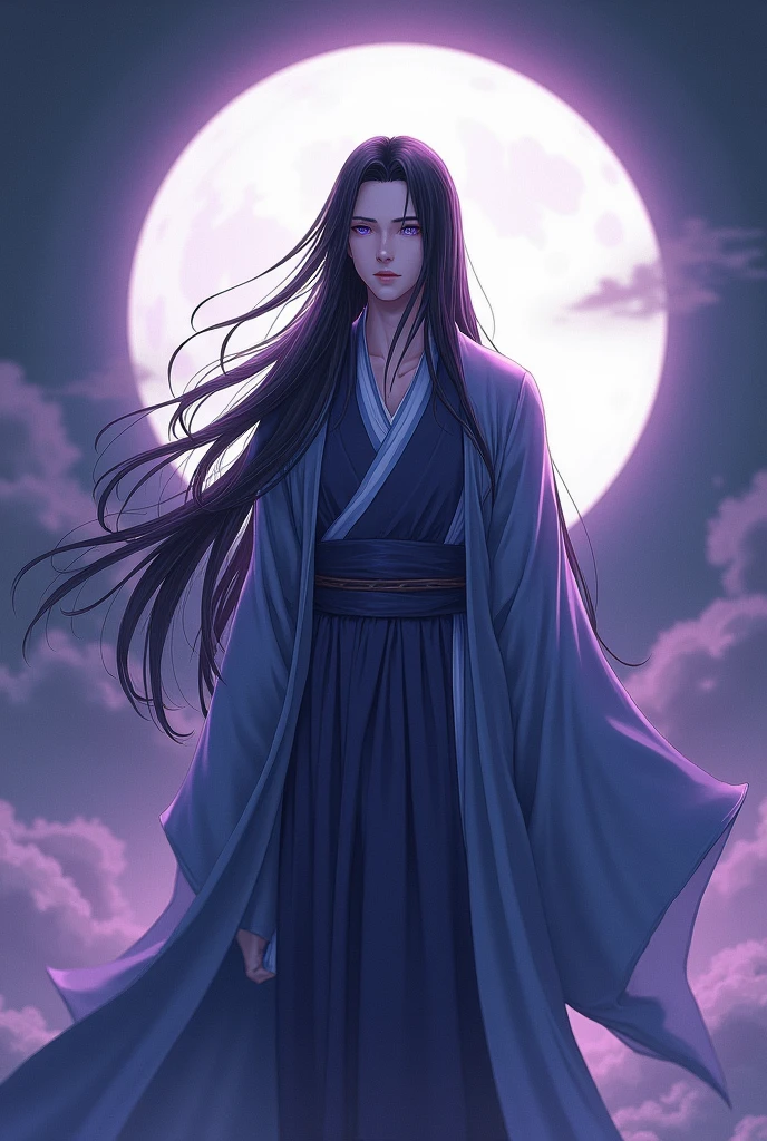 The male,Male,Black Hanfu,long black hair,Long flowing hair,Wide robe with large sleeves,Ancient wind,Solid color clothes,The clothes do not have any patterns,laughingly,softlighting,water ink,Behind it is the full moon,low-saturation,low-contrast,led floodlights , Violet eye, Violet eyes, Purple eye