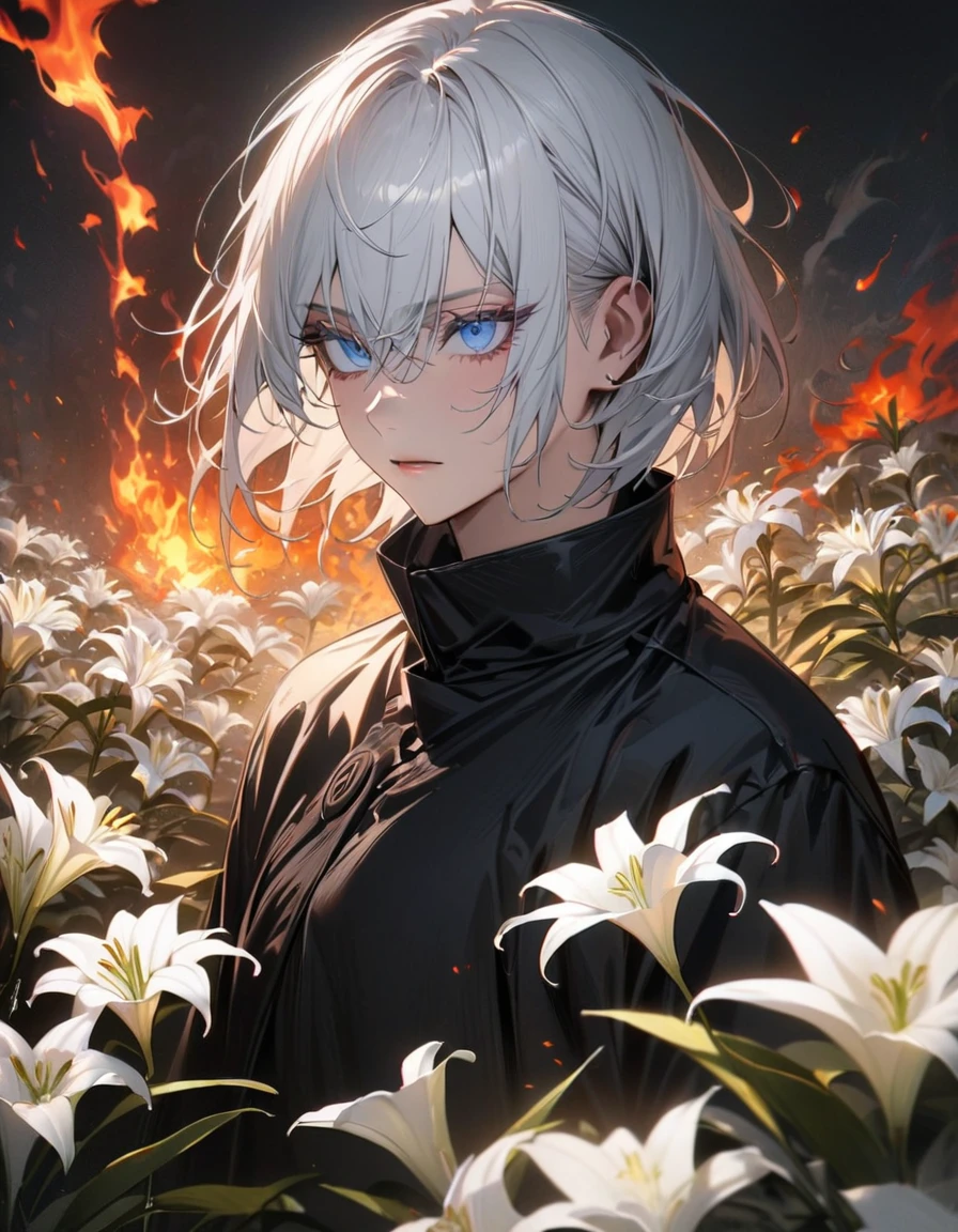 Absurd, High resolution, Super detailed, High resolution, masterpiece, Highest quality, Satoru Gojo, White hair with bangs, Expressive blue eyes, Hair between the eyes, White eyelashes, JUJUTSU KAİSEN, 1 person, good looking, petal, White Lily, moon, fire Fly