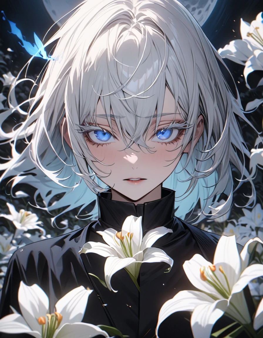 Absurd, High resolution, Super detailed, High resolution, masterpiece, Highest quality, Satoru Gojo, White hair with bangs, Expressive blue eyes, Hair between the eyes, White eyelashes, JUJUTSU KAİSEN, 1 person, good looking, petal, White Lily, moon, fire Fly