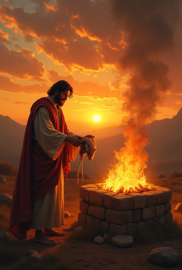 Abel offering a slaughtered lamb on the burning altar. ao por do sol