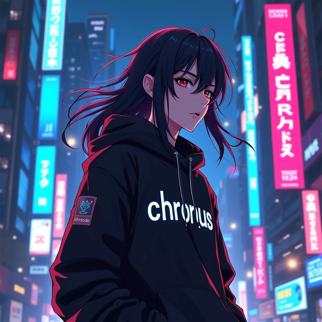 anime boy with a long hair is wearing aesthetic outfit with a text "chronus" on his clothes, in citylights background