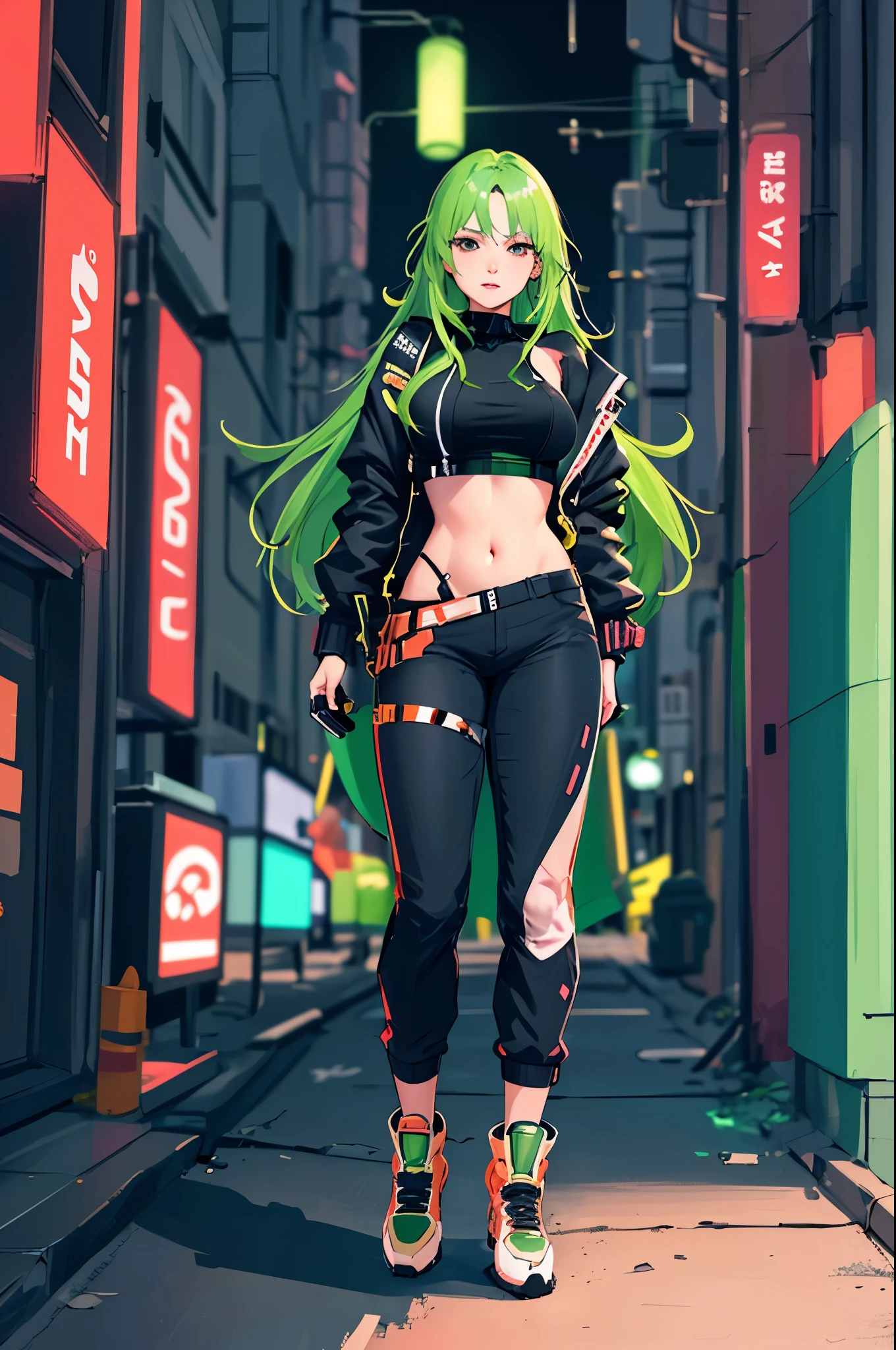 high quality, subsurface scattering, chromatic lighting,
colorized, green + white limited color palette,
detailed concept drawing,
Street girl, cyberpunk, futuristic, full body, no weird things or color on her face,
portrait, 20yo 1girl, medium soft breasts, slender, crop top, jacket, combat pants, long green hair, black eyes, posing