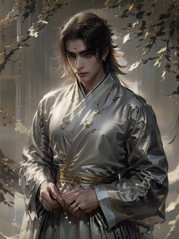 (Male character design),, Royal Highness the Crown Prince of Xianle - protagonist of Heaven Official's Blessing(Close up view of the melancholic handsome Chinese man Xie Lian),(Xie Lian wore a modern and fashionable men's suit.: 1.3), Xie Lian's skin was fair and flawless.,, the bridge of the nose is high and straight, (long messy shawl hair : 1,1), double eyelids, bright eyes, big clear and bright eyes, sad prince, food with red lips and white teeth, soft melancholy, Xie Lian is tall and tall., He has a strong physique, Strong muscles, Fresh and tight stomach, Her beautiful facial features, King style, The noble temperament wears a white robe with silver decorations, messy black hair, Wind magic,
Background: modern urban with skyscrapers