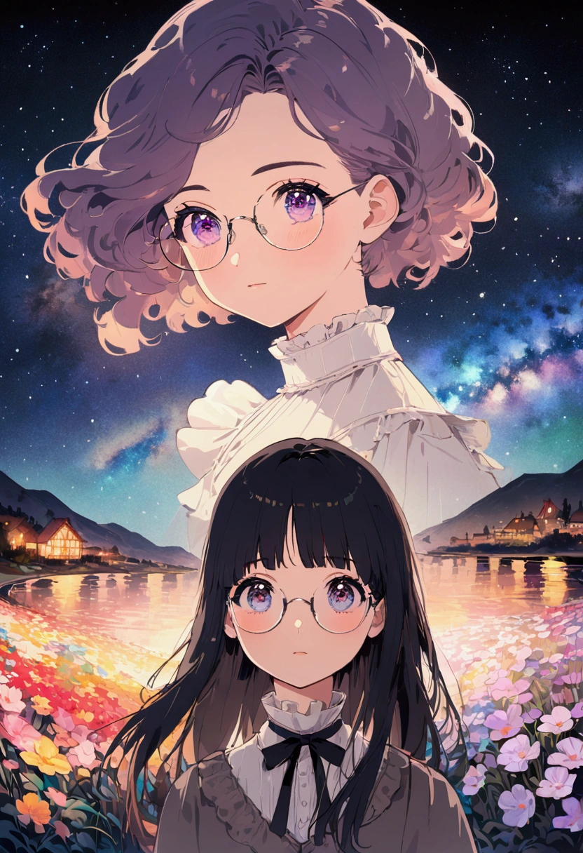 close up shot, Animation with white glasses  , Standing on the ground,night view ,Lots of stars in the night sky,Milky Way ,colorful flowers,face close up, Oil painting style, Very clear oil painting strokes, Impressionist palette style, 32k ad, beautiful, tomorrow, old time, Color Comics --AR 3:4 --