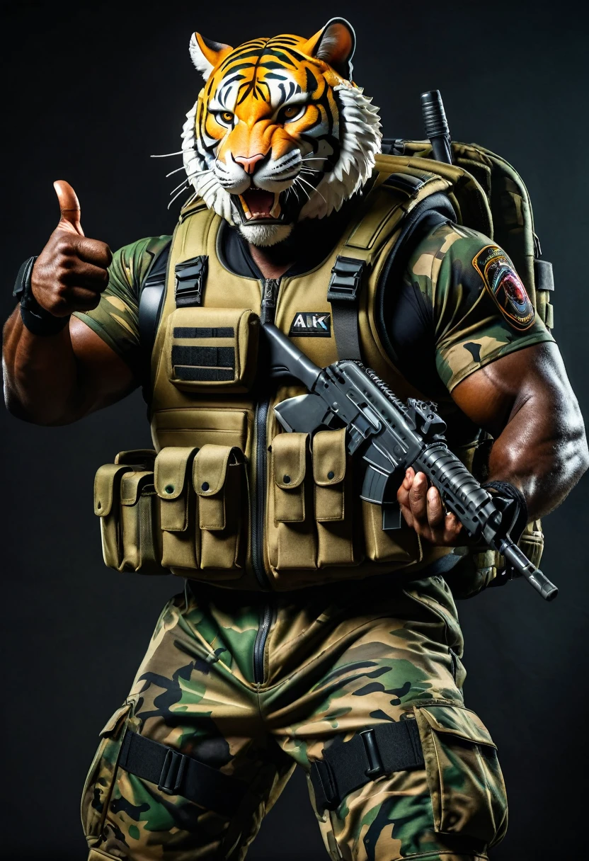(a dark-skinned muscular fat old man in a bulky army camouflage zipper diver suit) thumbs up pose, carrying an AK-47, (wearing a small-sized realistic roaring tiger mask), dynamic action pose, fierce expression, roaring, showcasing an imposing stature, surrounded by military elements, dramatic shadows and intense highlights, cinematic color tones, high detail, powerful, art influenced by Bruce Onobrakpeya and Stanley Artgerm, ultra-detailed, best quality image, action-packed atmosphere. field background