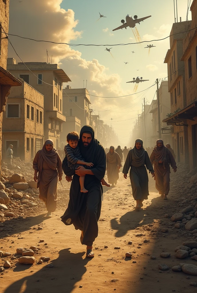 (photorealism:1.2), Arab families,war , crying, running,, jets, bombs falling , destruction, destroyed vehicles, dead bodies.realistic, intricate details, warm colors, by Greg Rutkowski, by Alphonse Mucha