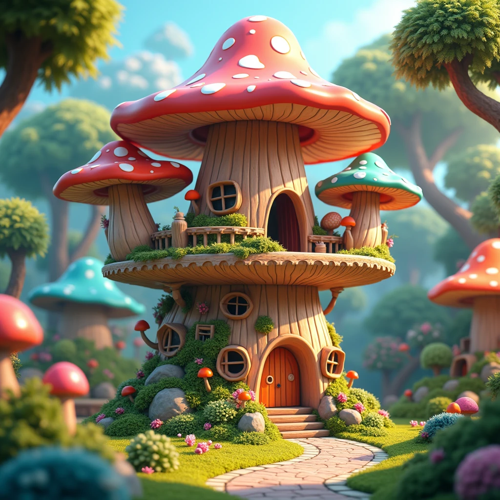 A breathtaking conceptual art piece featuring a vibrant, large, multi-room mushroom-shaped treehouse set in a mesmerizing enchanted forest. The treehouse has multiple floors and colorful, waving roofs. The playful typography reads "BIGURILHAS" in small cursive at the bottom, with the name "BIGURILHAS" written in an equally playful font above. The 3D render showcases the intricate details of the treehouse, including its windows, doors, and paths. The overall atmosphere is bright and inviting, with a touch of whimsy, making it an enchanting escape for any child at heart., 3d render, conceptual art, typography, vibrant, photo.