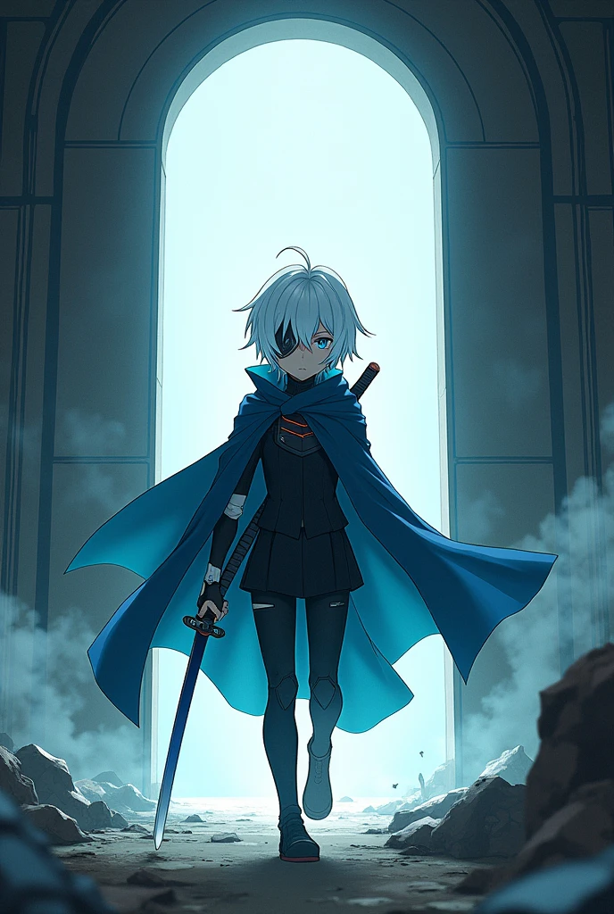 Create a boy with short white hair with cyan blue highlights hairstyle, without the left arm and with scars on the right eye in an environmental underground facility exiting a portal to another apocalyptic reality, The boy wears a dark futuristic suit with a blue cape. He carries a Japanese sword., cyberpunk anime style 
