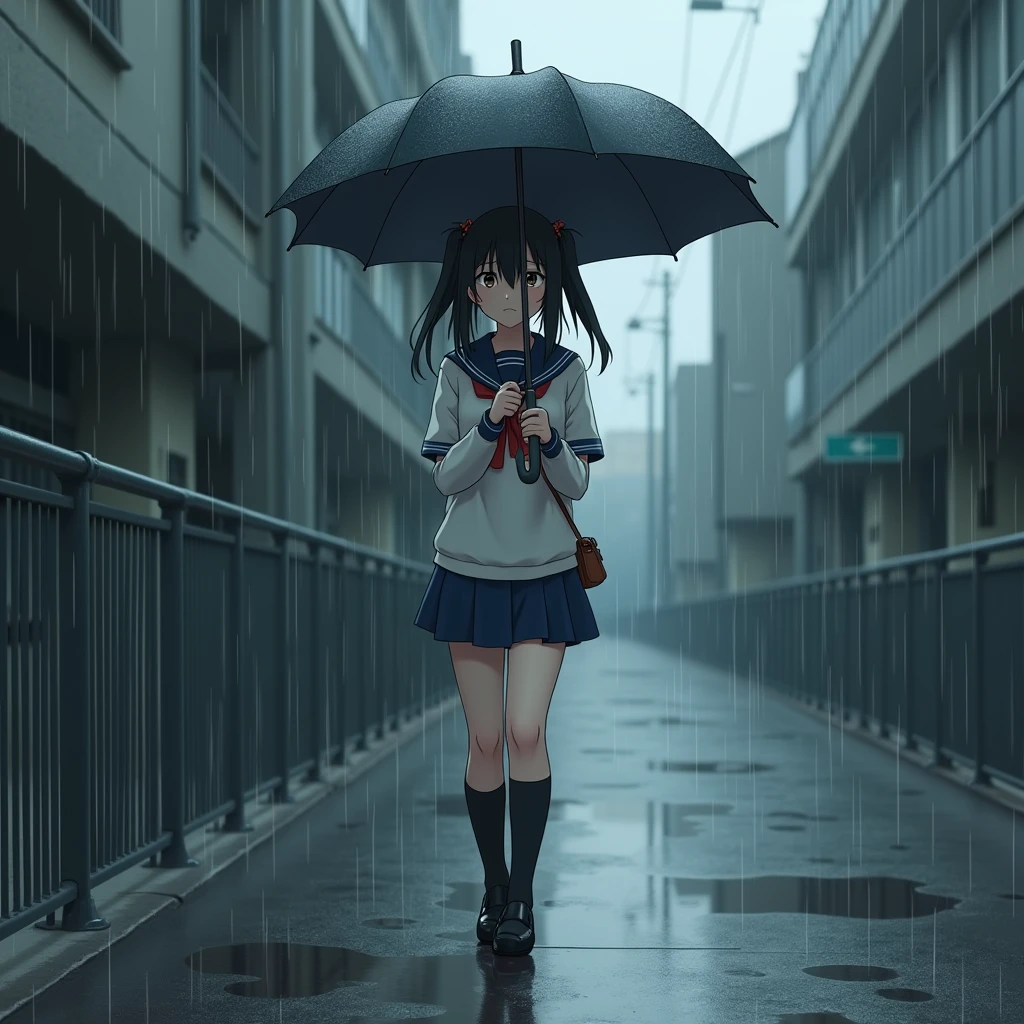 Anime Style, A girl walking, Holding an umbrella, Troubled face,
The girl is wearing a white sailor suit with short sleeves and a navy collar, with a blue ribbon., Wearing a navy blue skirt,
Wearing black high socks, Wearing loafers.
Her hairstyle is a low twin tail with a red ribbon., It's very long and black.
Not high pigtails, Not half-up,
open umbrella, School Bags,
Late , Small breasts, Has dark brown eyes.
puddle, Sidewalk, pavement, Japan roads, Tokyo, Town, building, Apartment,
heavy rain, Outdoor, from front.