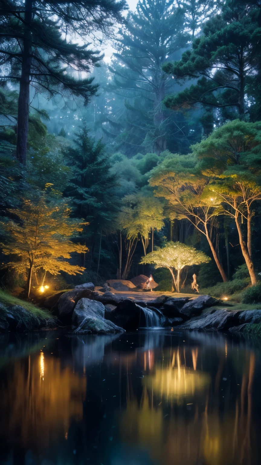 A mystical fantasy landscape featuring a vast, enchanted forest bathed in twilight. Towering ancient trees with glowing leaves create a canopy above, while luminescent flowers and plants line the forest floor. In the center, a serene, crystal-clear pond reflects the starry sky, and faint mist swirls around its edges. Ethereal, glowing creatures like fairies and fireflies hover near the water, casting soft, magical light. The scene conveys a sense of wonder and tranquility, with a color palette of deep blues, purples, and soft greens.