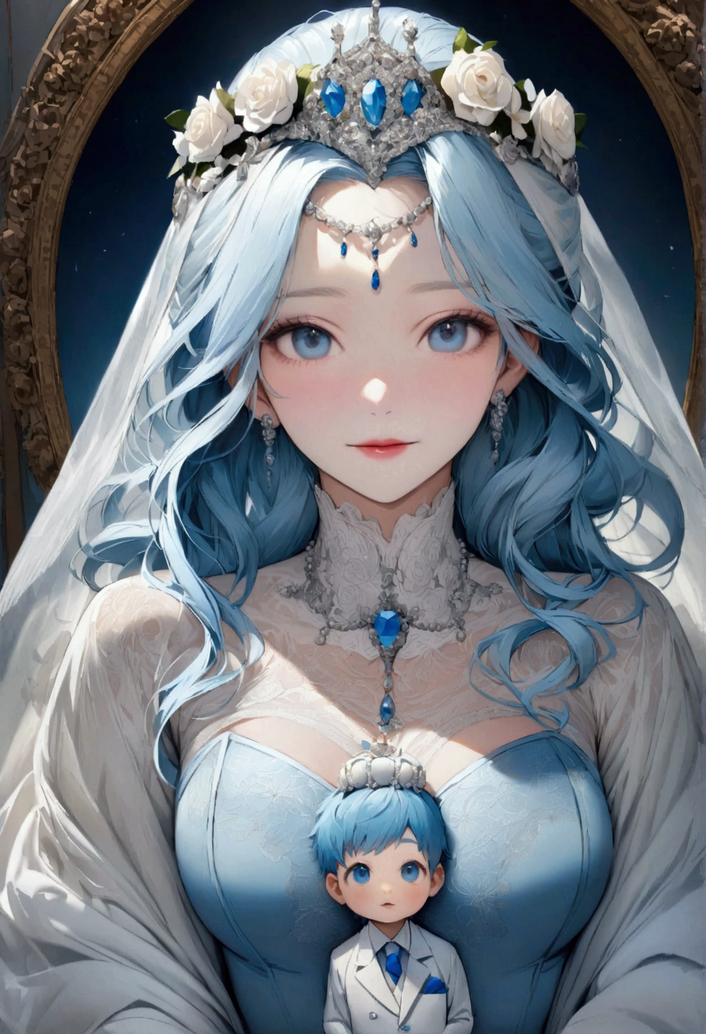 celebrating the wedding anniversary (a handsome man wearing a men's suit tuxedo wedding dress and his face facing the front) (a beautiful woman wearing a baby blue wedding dress, veiled with a pearl crown on her head and her face facing the front) the background has a white ross flower blue