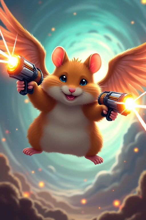 A hamster with wings that fires beam cannons with both hands