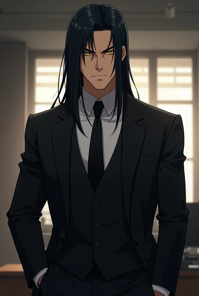 1 adult male, assassin, Wearing a suit, pleasant, black hair, Yellow eyes, Smiling, highest quality, black tie, In the office, Anime art style, uncle, Dark impression, long hair, 