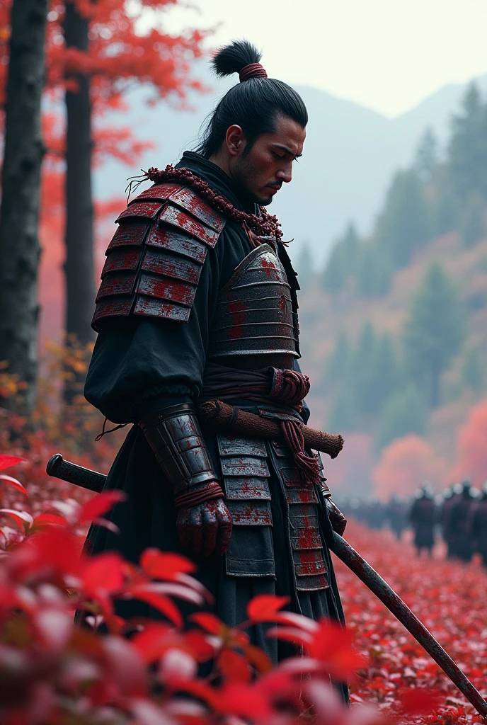 Samurai covered with blood in an open land full of trees and pink leaves.
Add more blood to the samurai.
add mountains
Make it realistic
Send the samurai a bit far and add regret to his face
Add more regret to the samurais face add 50 dead bodies
