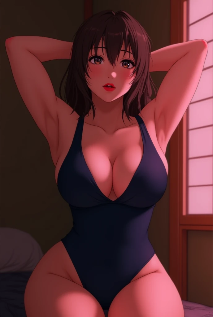 Japanese Idols　28 Talent　Huge boobs　((Navy Blue High Leg Swimsuit))　((Plump and chubby))　((Brown hair with bangs))　((A dark Japanese-style room with tatami mats at night))　((Sweat flows down))　((Clean your armpits))((Fuller lips with bright red lipstick))　((Make suggestive eye contact))　Duck mouth　Fuller lips ((Watery eye))　((Beautiful sweaty armpits))　((Realistic armpits))　((pink lighting room))　The lighting in the room is pink..　Pink filter photo