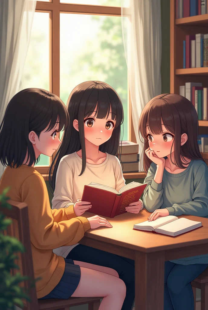 A cute girl is reading a book in the library with her female friends.