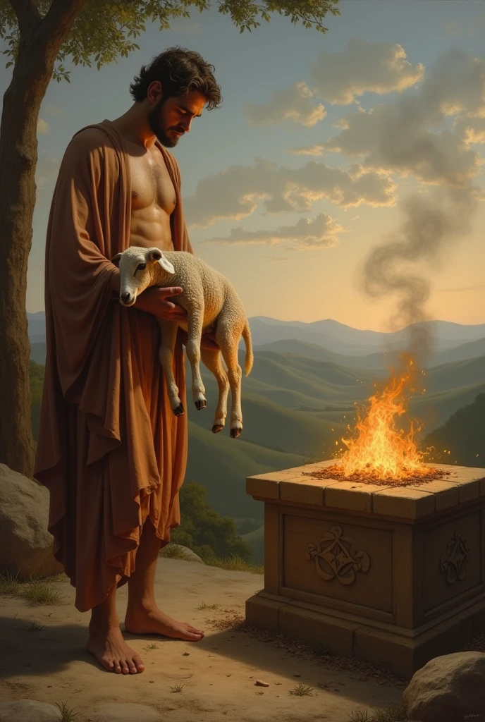 Abel offering a slaughtered lamb on the burning altar. at dawn 