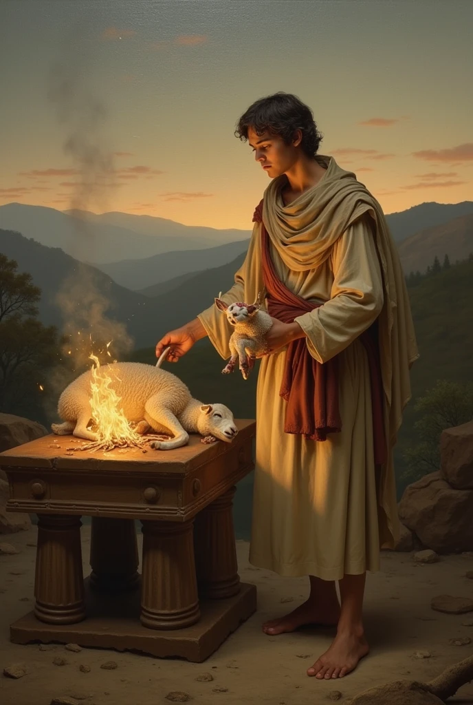 Abel offering a slaughtered lamb on the burning altar. at dawn