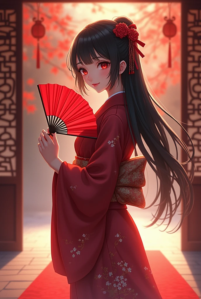 (masterpiece),(alone),A young woman in a red kimono holds a red folding fan in her hand.,(Turn on the folding fan), palace , fall, beautiful anime pictures, (long black hair), beautiful anime style, beautiful anime girl,Depth of writing region, Bokeh,film light,Romantic and dreamy,shy smile,red eyes, 