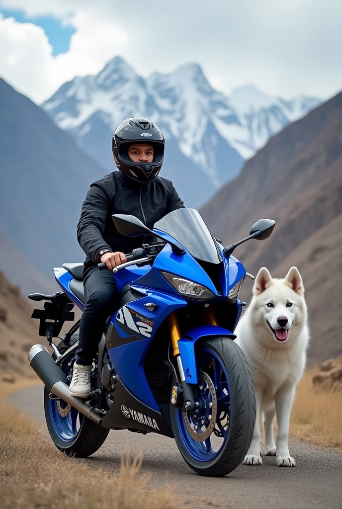 Reedham a stylish boy wearing helmet with blue yamaha R15 v3 and a white huskey in ladakh with wide angle view