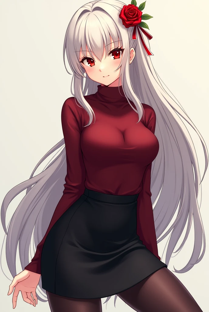 Beautiful anime woman with long white hair tied back in a loose bun and blood red eyes. Wearing a dark red turtleneck sweater tucked into a high waist short black skirt, and dark leggings with high heels. A rose and some red ribbons decorate her hair. Posing for the camera.