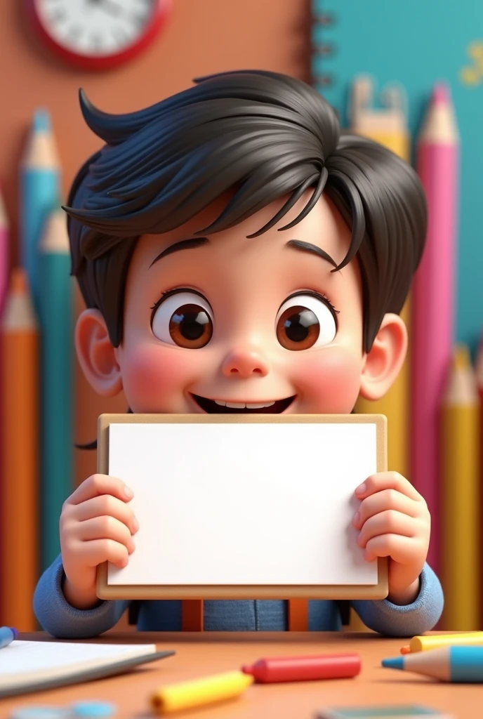 I want a 3D animated 's face holding a blank rectangle that is the same width as the image with school supplies To use as a background for a name tag with spaces to put letters