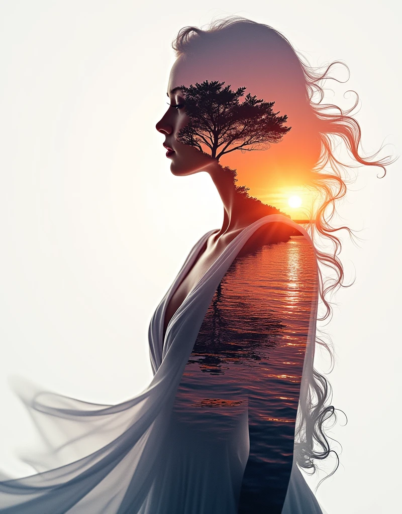 high quality, 8K Ultra HD, A beautiful double exposure that combines an goddess silhouette with sunset coast, sunset coast should serve as the underlying backdrop, with its details incorporated into the goddess , crisp lines, The background is monochrome, sharp focus, double exposure, by yukisakura, awesome full color,