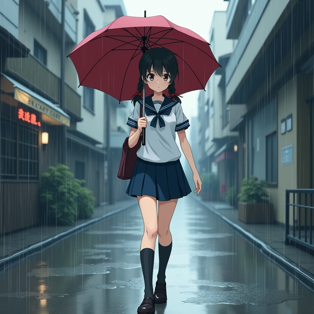 Anime Style, A girl walking, Holding an umbrella, Troubled face,
The girl is wearing a white sailor suit with short sleeves and a navy collar, with a blue ribbon., Wearing a navy blue skirt, 
Wearing black high socks, Wearing loafers.
Her hair is very long and black, with low twin tails and red ribbons..
Not high pigtails, Not half-up,
Open red umbrella, School Bags,
Late teens, Small breasts, Has dark brown eyes.
puddle, Sidewalk, pavement, Japan roads, Tokyo, Town, building, Apartment,
heavy rain, Outdoor, from front.