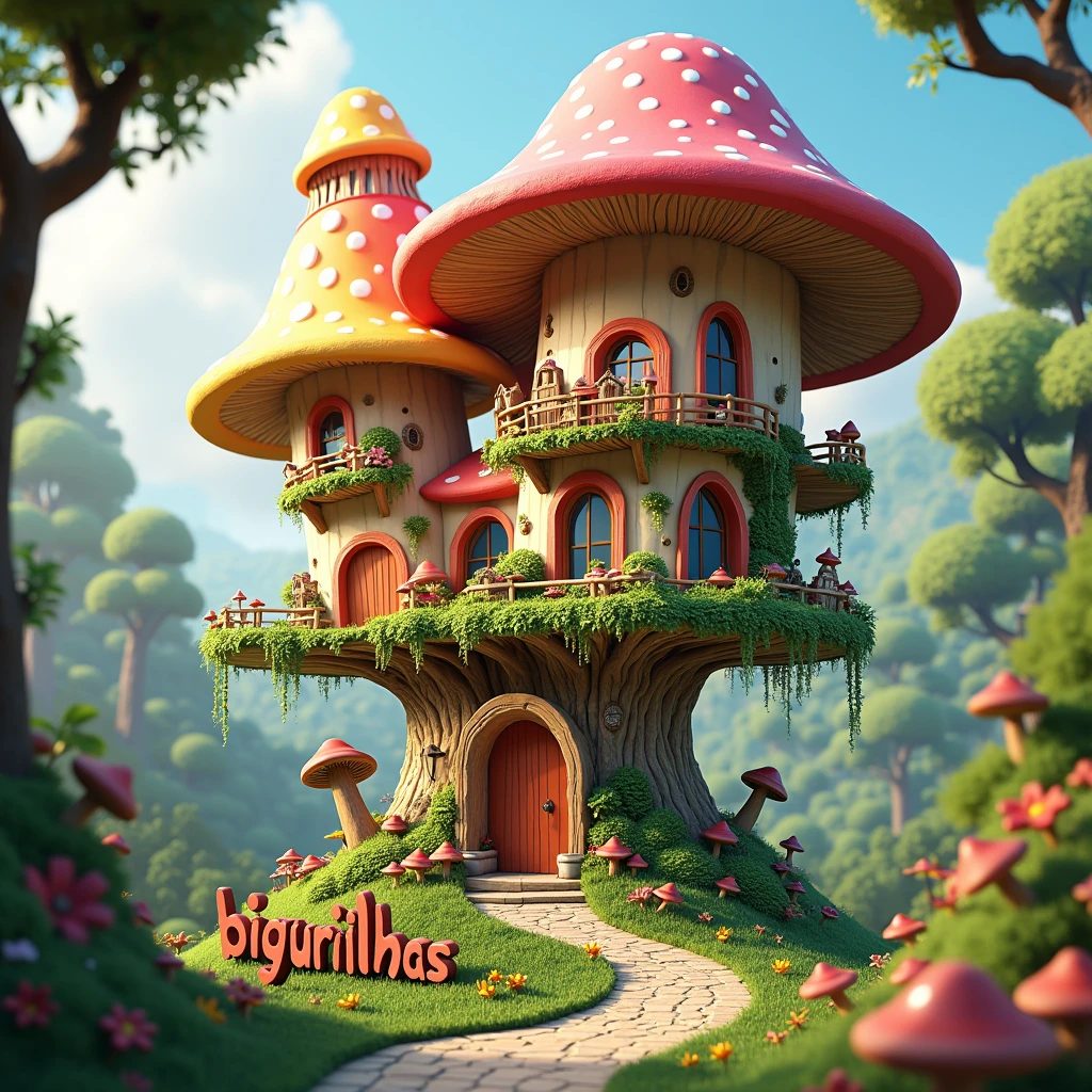 A breathtaking conceptual art piece featuring a vibrant, large, multi-room mushroom-shaped treehouse set in a mesmerizing enchanted forest. The treehouse has multiple floors and colorful, waving roofs. The playful typography reads "BIGURILHAS" in small cursive at the bottom, with the name "BIGURILHAS" written in an equally playful font above. The 3D render showcases the intricate details of the treehouse, including its windows, doors, and paths. The overall atmosphere is bright and inviting, with a touch of whimsy, making it an enchanting escape for any child at heart., 3d render, conceptual art, typography, vibrant, photo.