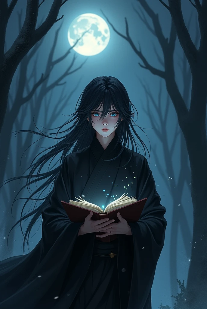 1 boy holding a book in his hand, cabelos preto e longos，Outfit in black，solo，（the night：1.2）long whitr hair, Blue eyes,Chinese folk tales，swordsmen，