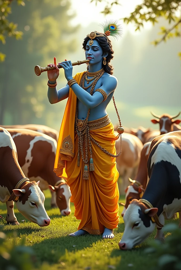 Sri krishna playing flute on ground surrounding by cows