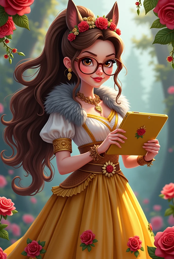 Imagem da filha da Ramona Badwof e da Rosabella Beauty de Ever After High: A long wavy brown ponytail with red streaked bangs, first of all, light brown eyes, brown glasses with a red rose, long white blouse with red roses and green leaves on the blouse and sleeves, yellow skirt with golden roses, a faux fur collar around the neck of gray color, wolf earrings, wolf necklace,brown high heel boots with roses, golden flower tiara on head, You have to be holding a yellow tablet with red roses in your hand, without wolf ears on the head, it's to have red highlights in your hair