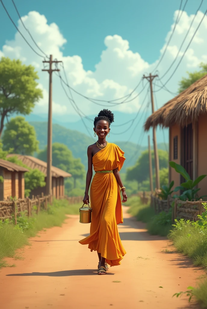 A landscaped image YouTube resolution 
"A fair-skinned African lady is walking alone on a road in a typical African setting. She’s holding a food flask in her hand and smiling. The scene reflects an African environment with traditional elements around her."