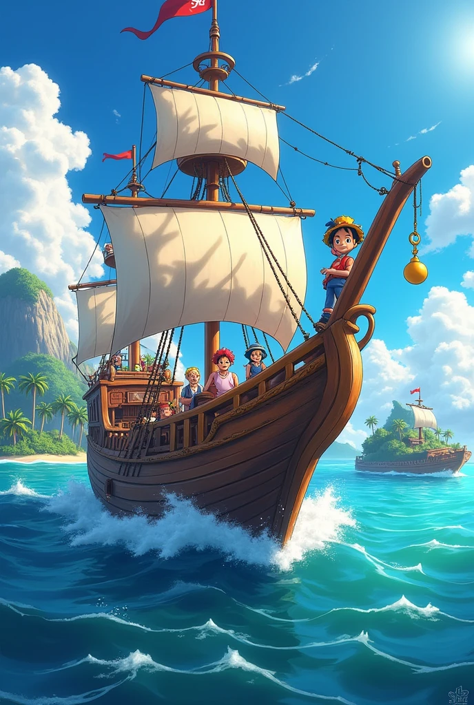 There is a pirate ship on a sea,The ship is approaching the island,There is treasure on the island。The overall picture is a cute anime style,Similar to the style of One Piece comics