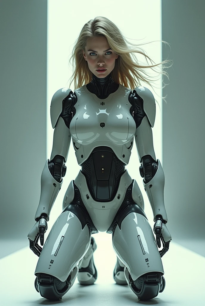 (masterpiece:1.2,Superior quality,Like a mirror,cinema experience),8k,wallpaper,(1 female),(Female robot warrior from the future:2.0),(Combat robotic arm:2.0),(Combat robotic legs:2.0),(pretty face,He is glaring here angrily.),(Kneel on one knee on a white halo),(hair blowing in the wind),(depicts a strong discharge:2.0),(Right knee raised:2.0),(Detailed hands:1.6),(Detailed foot:1.6),(Dynamic angle:2.0),(American cities in the 1980s:2.0),(SF:2.0),(cyberpunk:2.0),(Super Sexy:2.0),Super huge saggy K cup breasts，firm pink breasts, Tight super small ass，Very muscular，Hourglass figure super slim waist，Tight abdominal muscles like a female boxer，Almost naked except for the machine, No panties