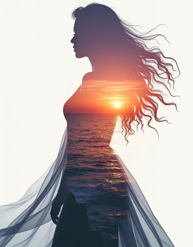 high quality, 8K Ultra HD, A beautiful double exposure that combines an goddess silhouette with sunset coast, sunset coast should serve as the underlying backdrop, with its details incorporated into the goddess , crisp lines, The background is monochrome, sharp focus, double exposure, by yukisakura, awesome full color,